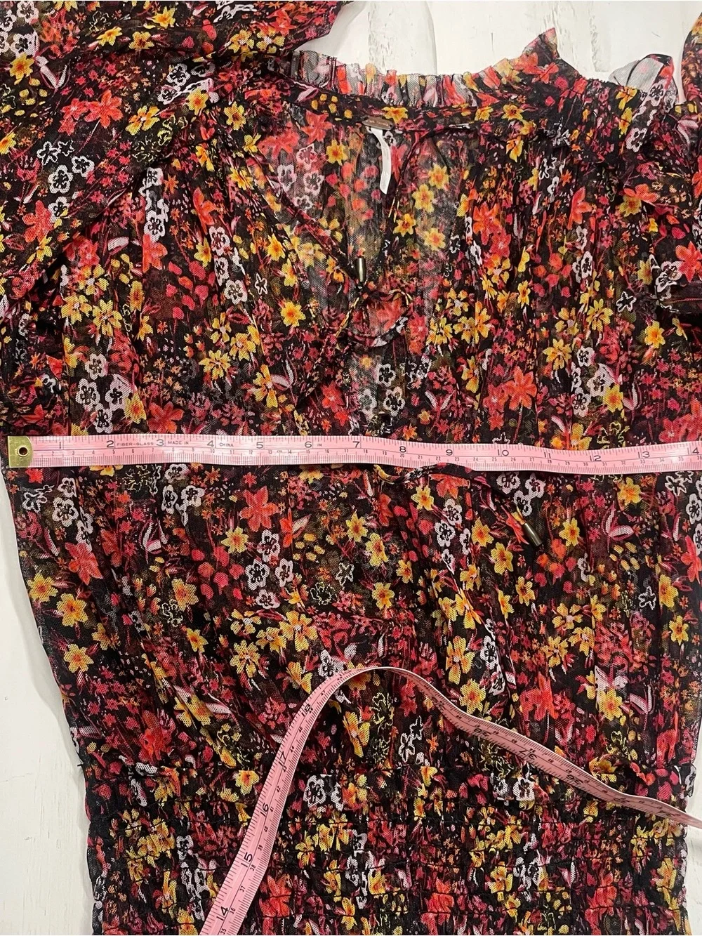 Free People Twyla Sheer Floral Mesh Smocked Blouse Ruffle Shoulder Size L